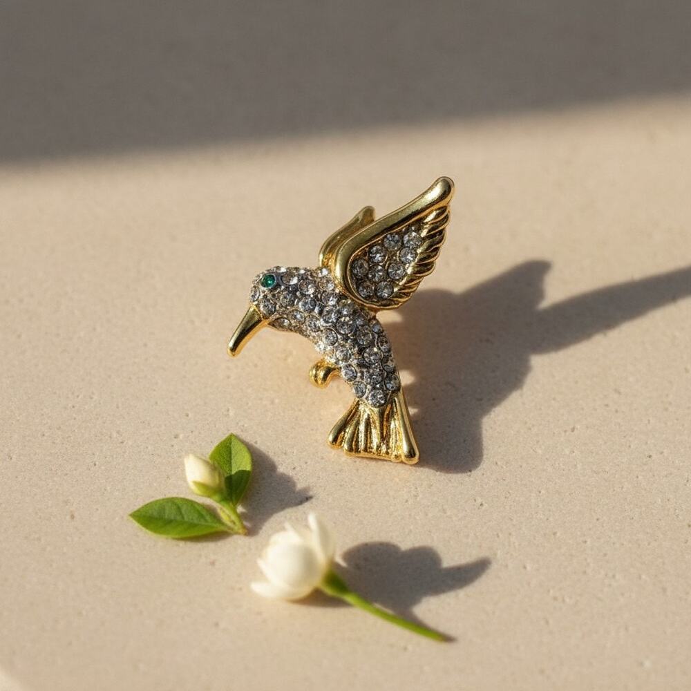 Vintage Hummingbird Lapel Pin-Gold Tone-Crystal Rhinestone-Green Eye Bird-Brooch